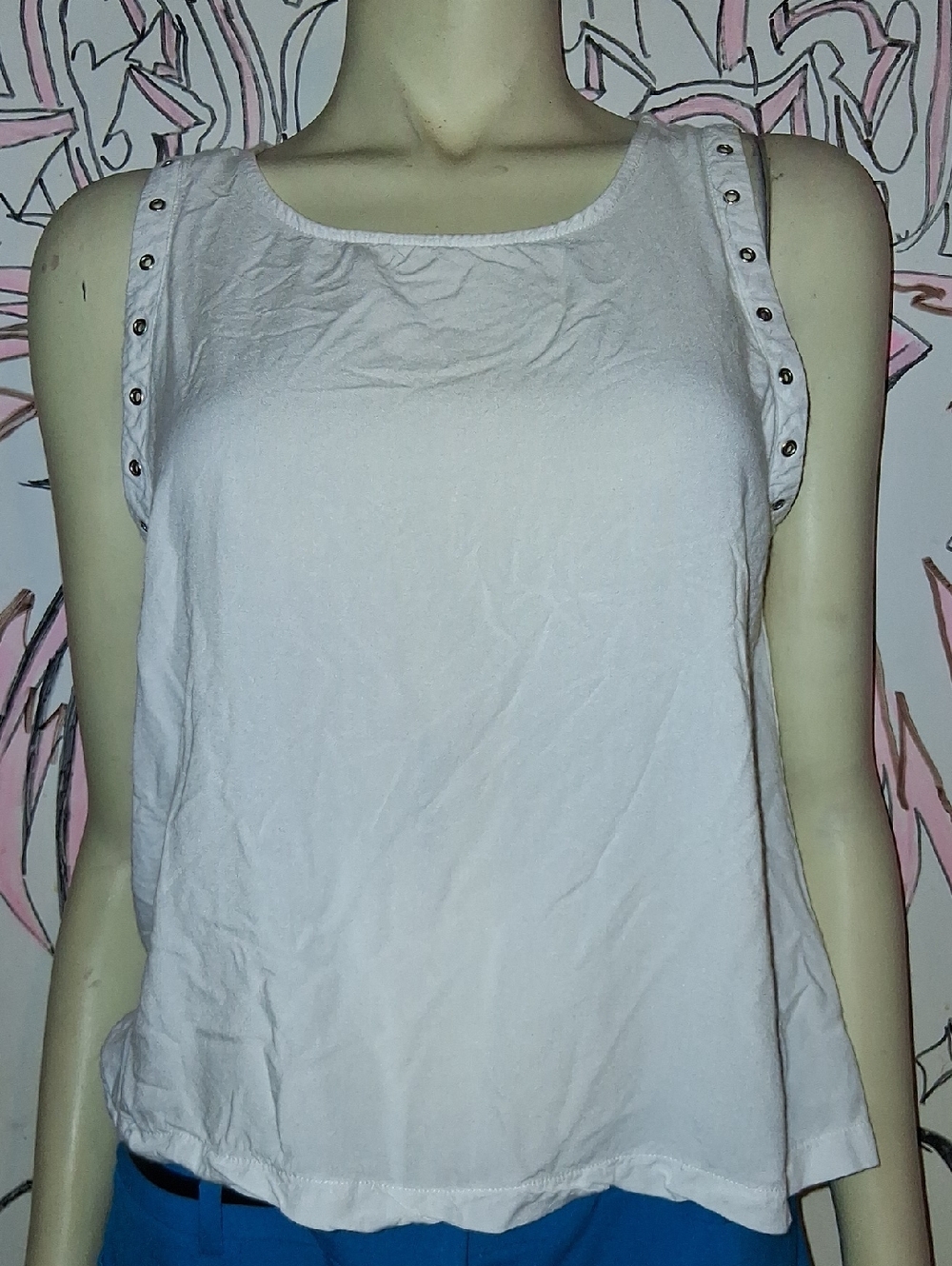 Dreamers White Sleeveless Tank with Stud-Trim Shoulders
